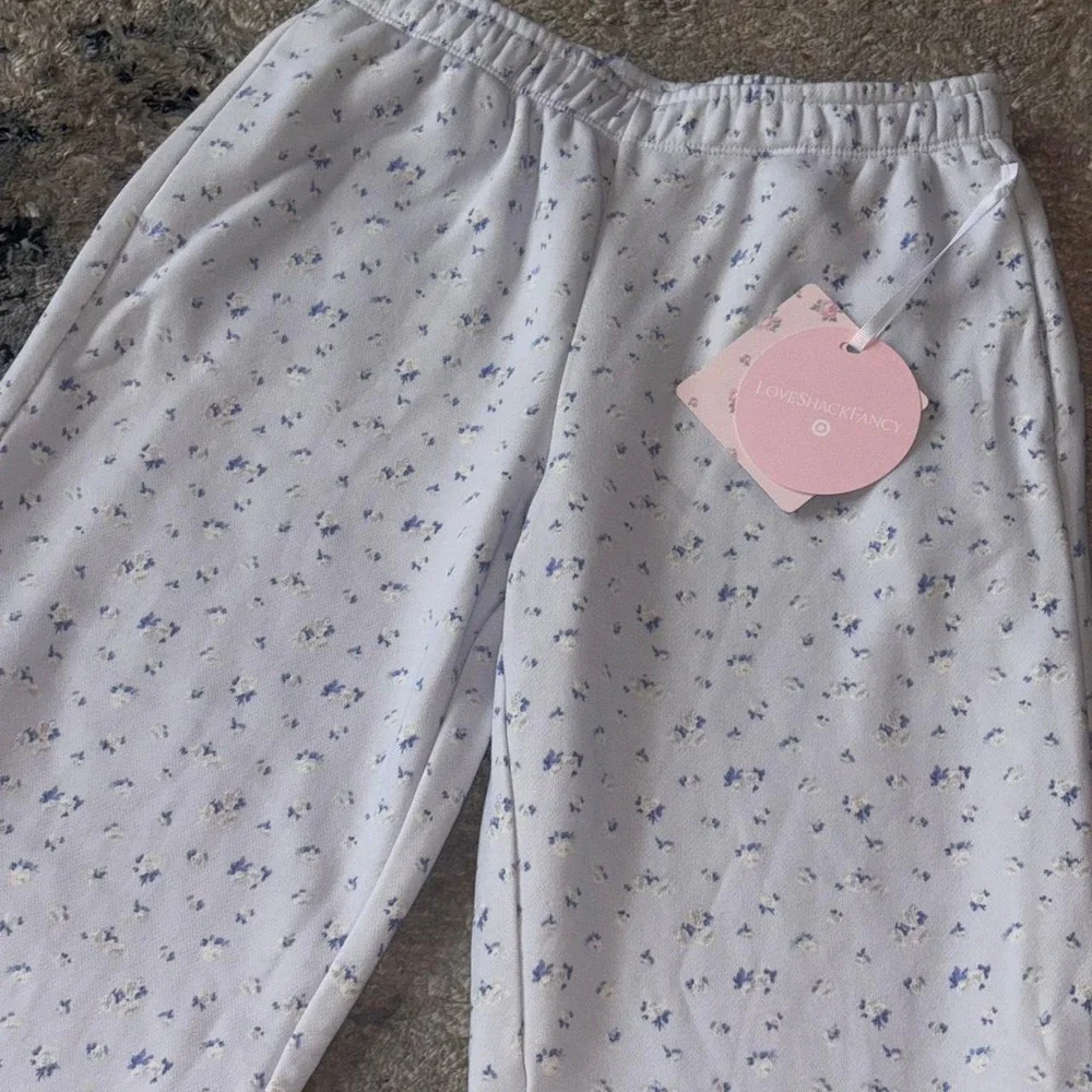 LoveShackFancy white & blue floral print sweatpants youth girls size large